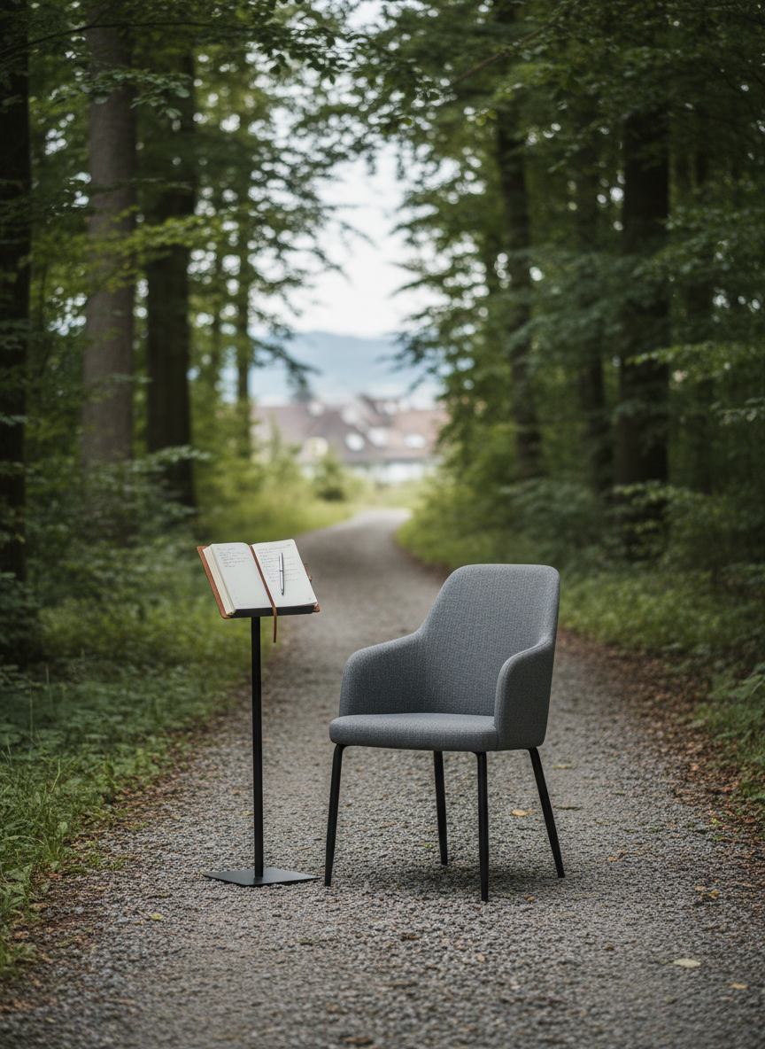 A single, modern graphite-gray office chair sits slightly angled on a narrow gravel path that winds through a lush, green forest just outside St. Gallen. Next to it, a slim, matte-black floor stand holds an open journal and a sleek silver pen, representing executive self-reflection. Soft, diffused overcast light filters through tall trees, creating a calm interplay of light and shadow on the path and chair fabric. Captured with photographic realism from a slightly elevated angle, the background gradually fades into a gentle bokeh of foliage. The mood is contemplative and professional, blending nature and leadership coaching in a minimalist, distraction-free composition.