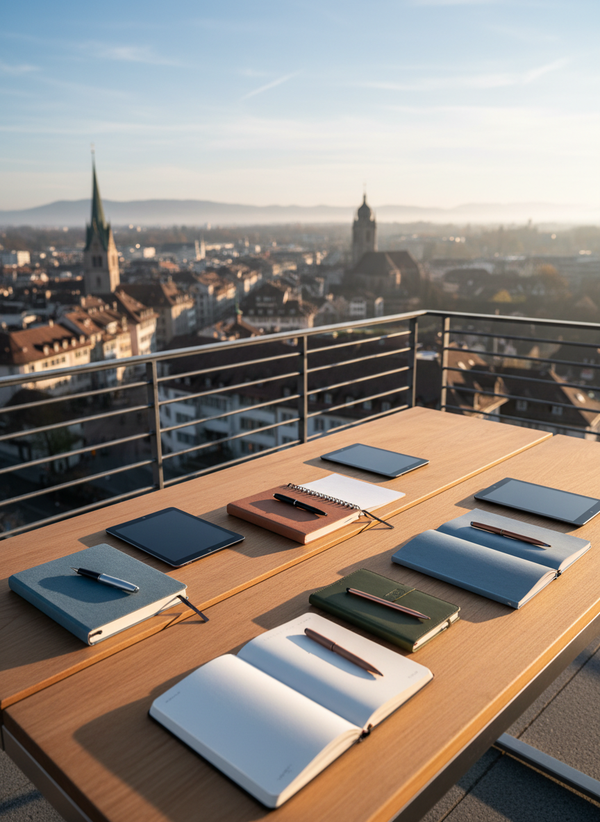 A clean, rectangular wooden table stands on a lookout platform above St. Gallen, framed by a simple metal railing. Four distinct notebooks in muted blues and earthy tones lie open, each with a different style of pen and a closed digital tablet, symbolizing diverse leadership perspectives in small-group reflection. Below, the city’s rooftops and church towers stretch into the distance under a clear, soft-morning sky. Natural light creates crisp yet gentle shadows, illuminating the paper textures and subtle reflections on the tablet screen. Shot from a slightly elevated three-quarter angle with sharp focus in the foreground and a gently blurred cityscape, the photographic image feels structured, professional, and oriented toward strategic overview and peer exchange.